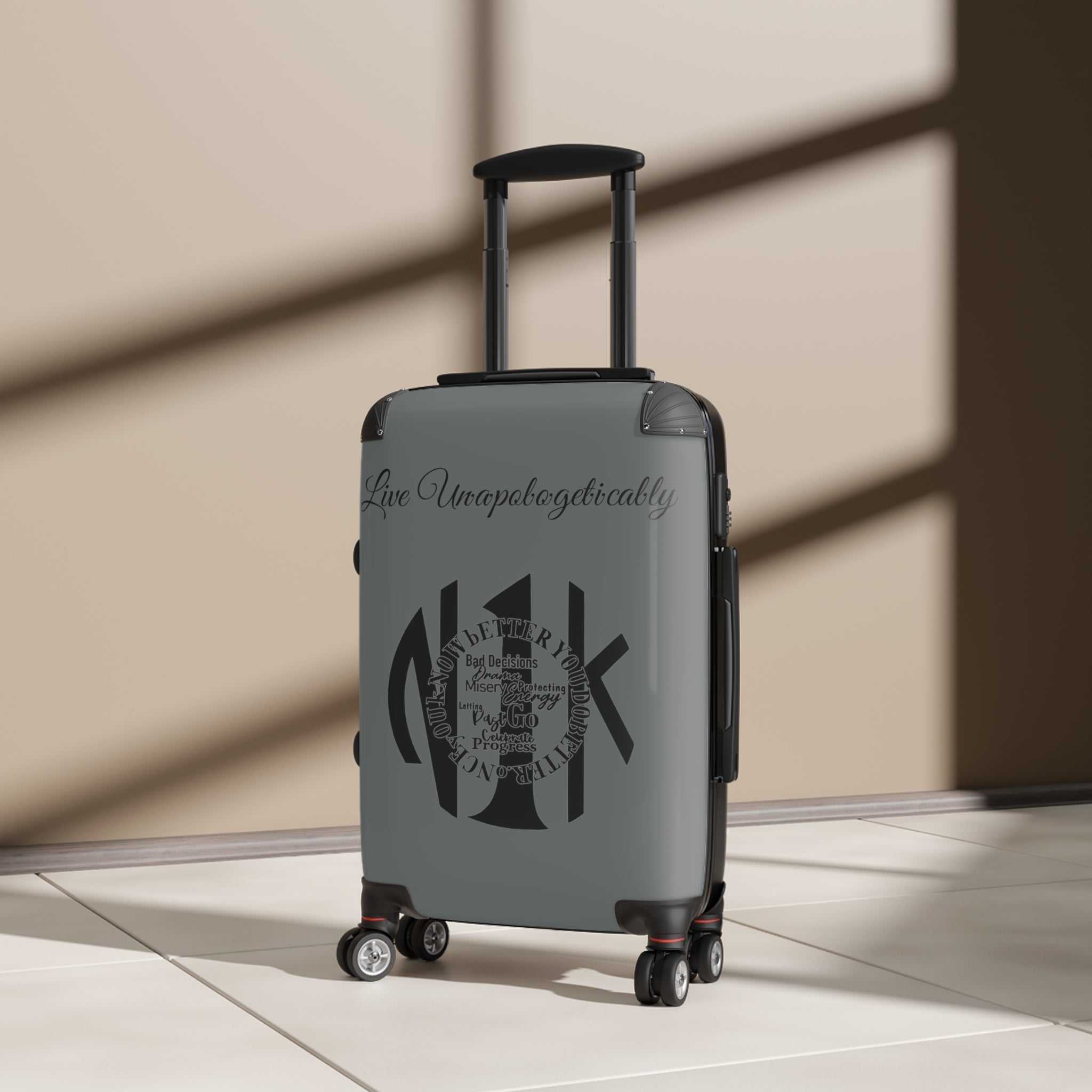Live Unapologetically Suitcase with polycarbonate shell, adjustable handle, 360° swivel wheels, lock, and multiple sizes table
