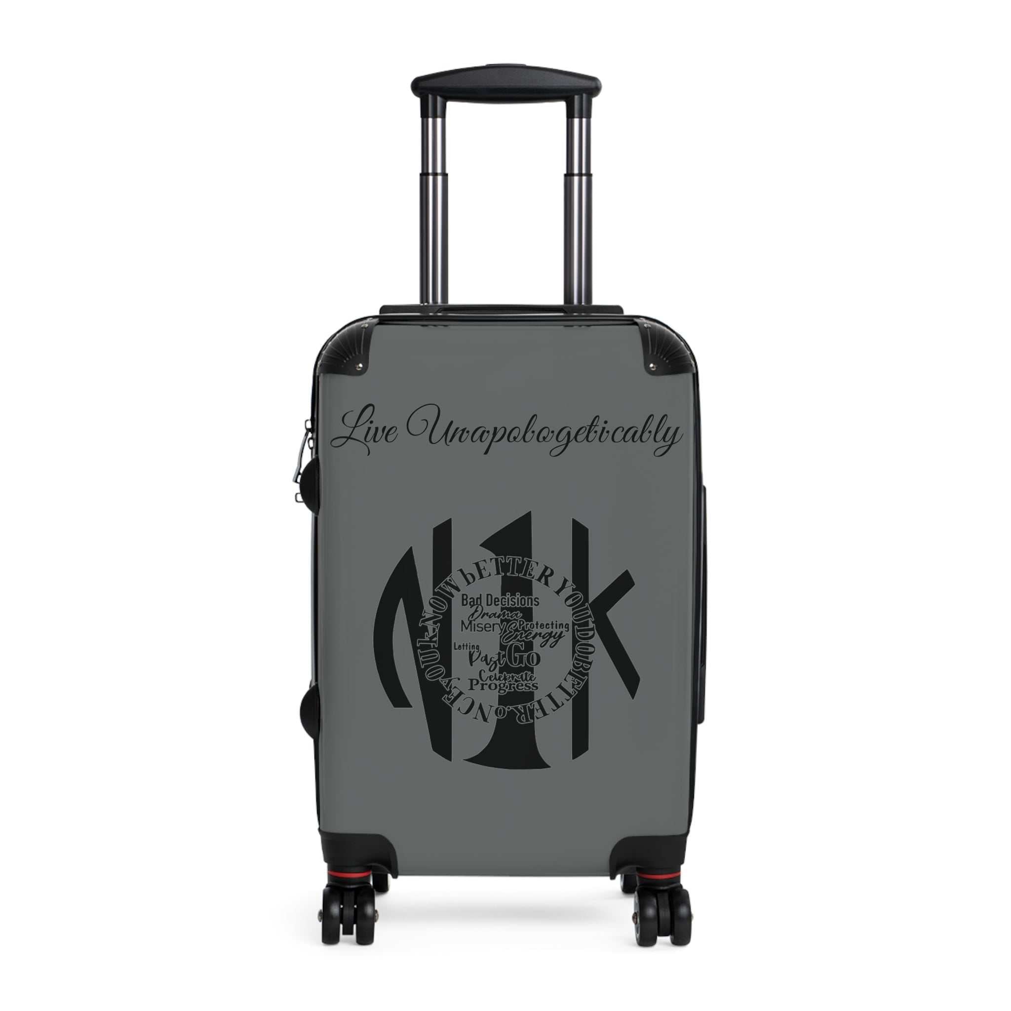 Live Unapologetically Suitcase with adjustable handle, 360° wheels, safety lock, and durable polycarbonate shell in multiple sizes