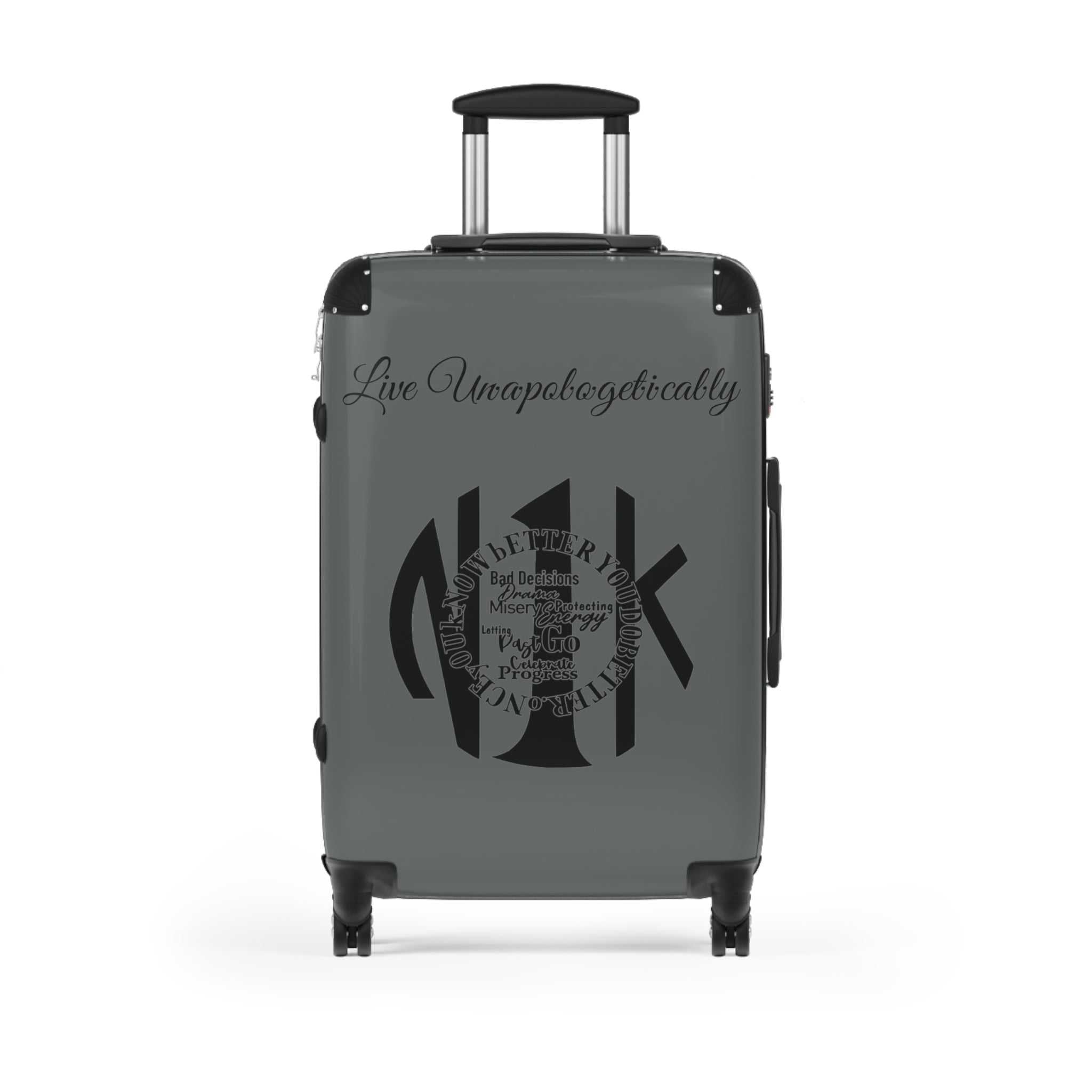 Live Unapologetically Suitcase with adjustable handle, 360° swivel wheels, safety lock, and hard-shell design in small, medium, and large sizes