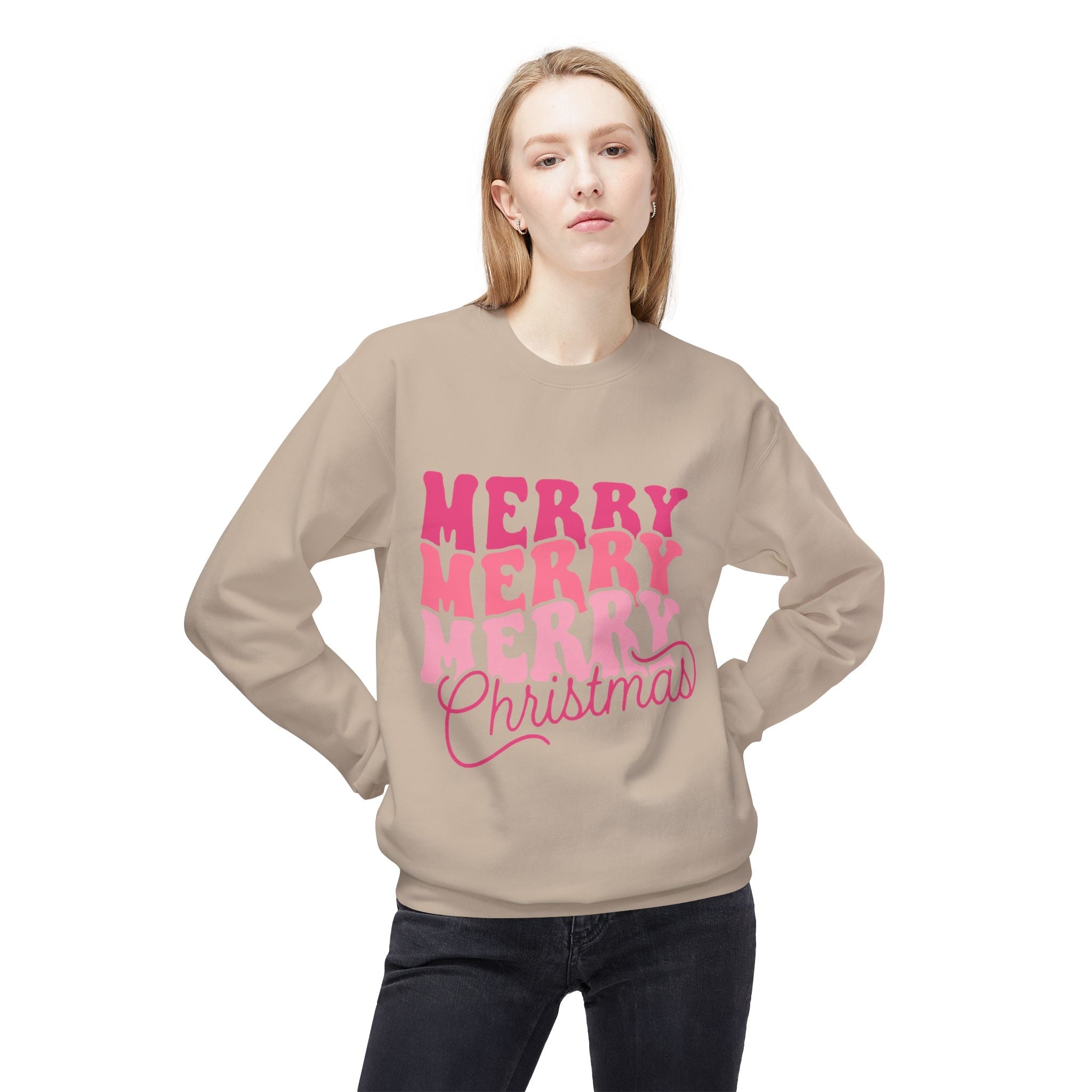 Merry Merry Christmas Crewneck Sweatshirt — Retro Pink Holiday PulloveSweatshirtMerry Merry Christmas