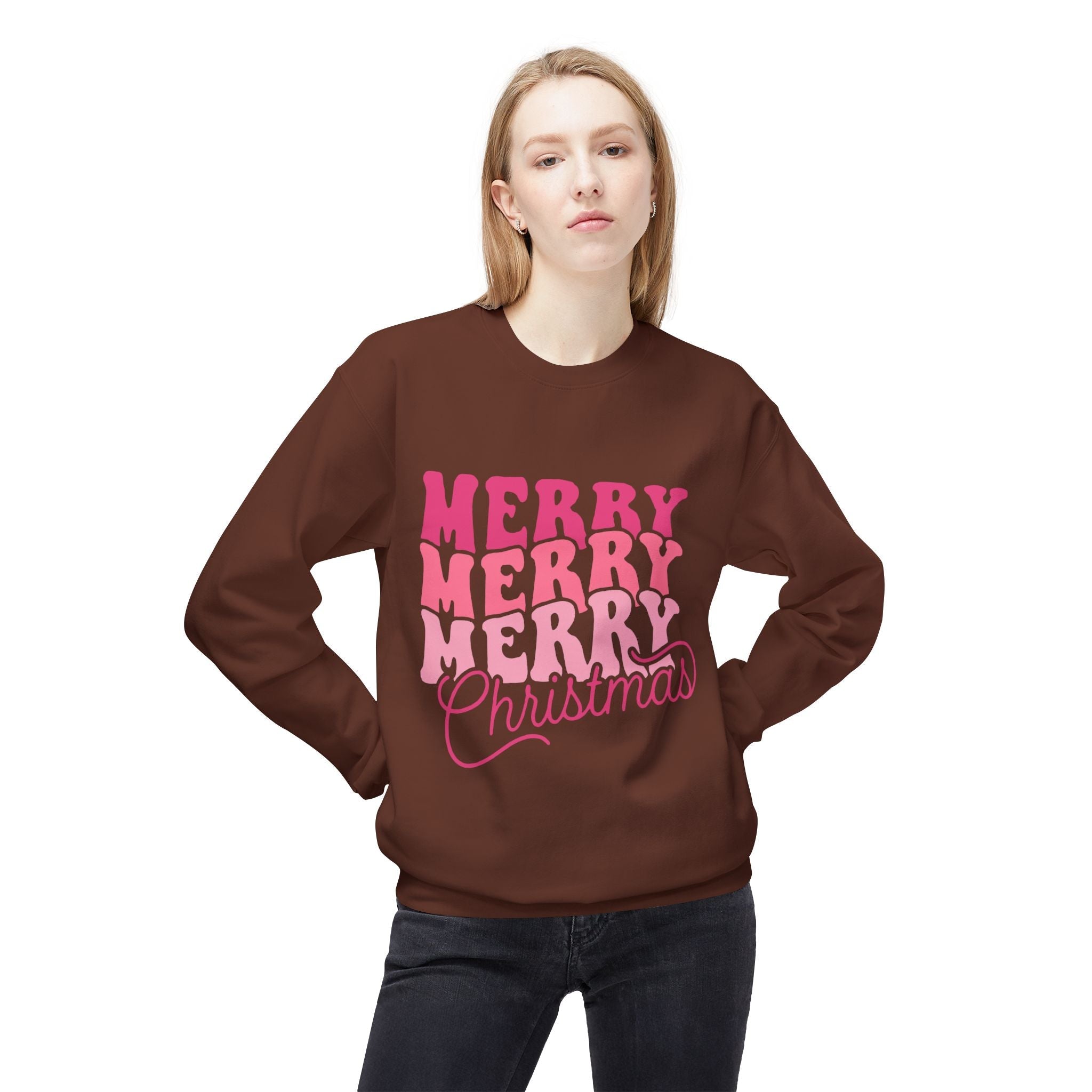 Merry Merry Christmas Crewneck Sweatshirt — Retro Pink Holiday PulloveSweatshirtMerry Merry Christmas