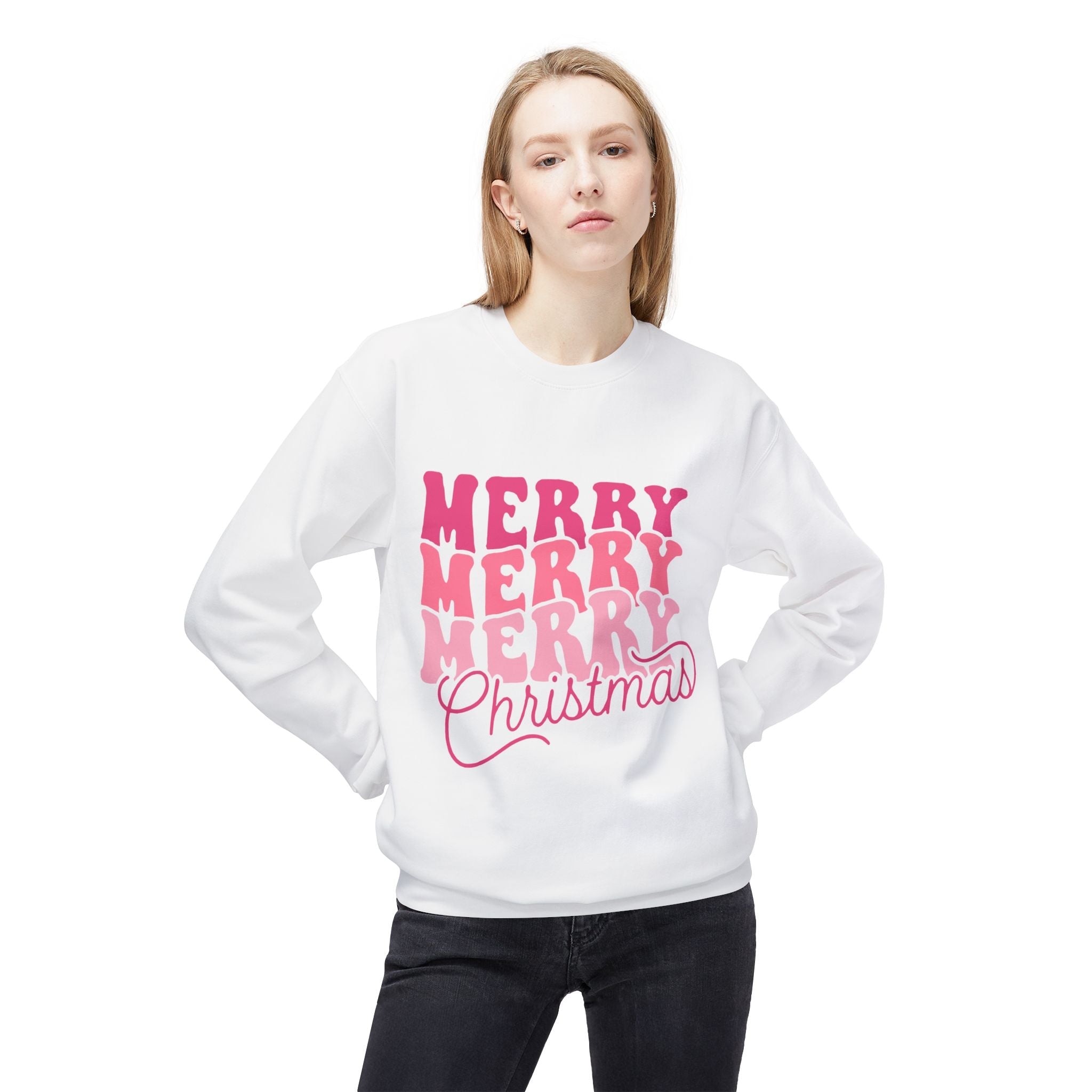 Merry Merry Christmas Crewneck Sweatshirt — Retro Pink Holiday PulloveSweatshirtMerry Merry Christmas