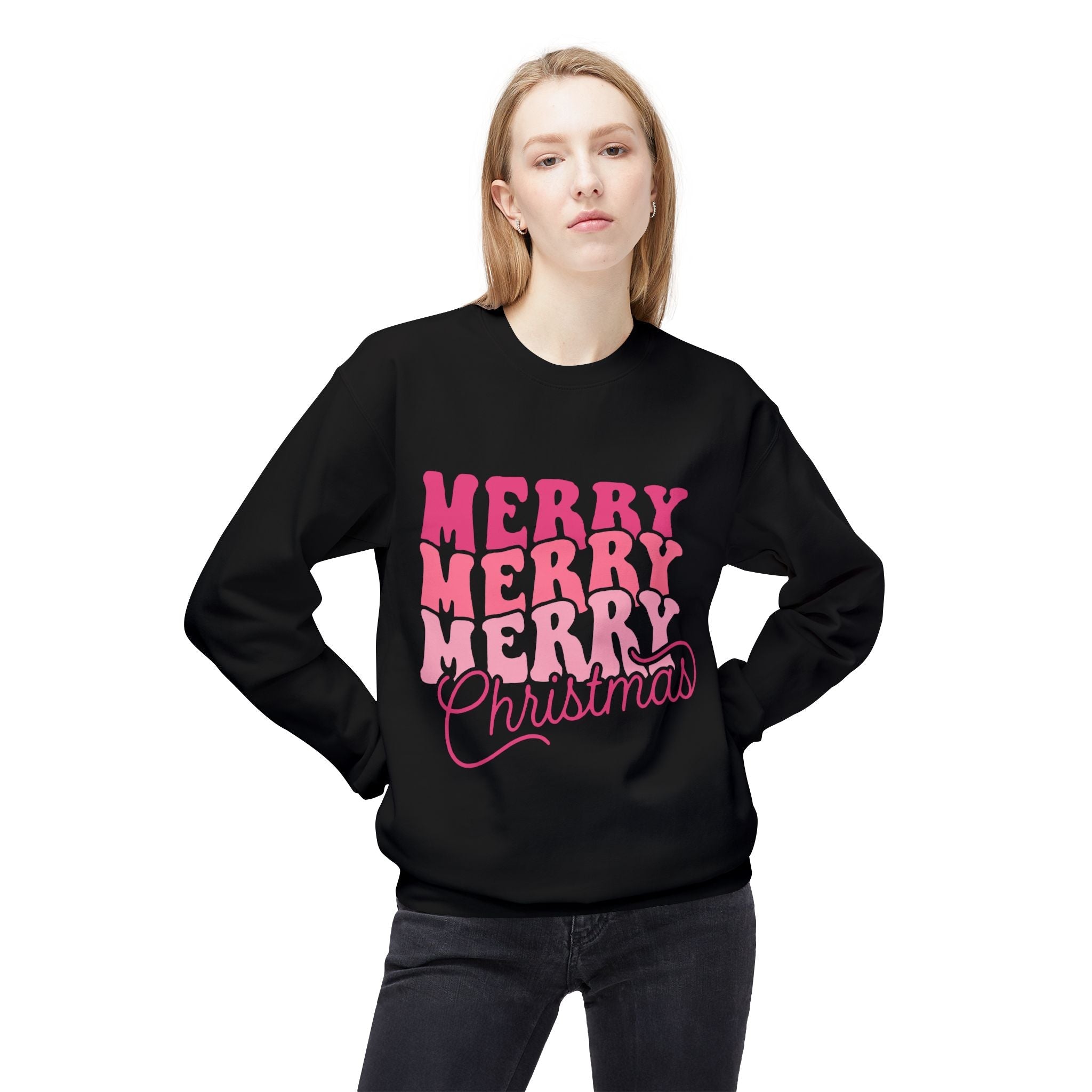 Merry Merry Christmas Crewneck Sweatshirt — Retro Pink Holiday PulloveSweatshirtMerry Merry Christmas