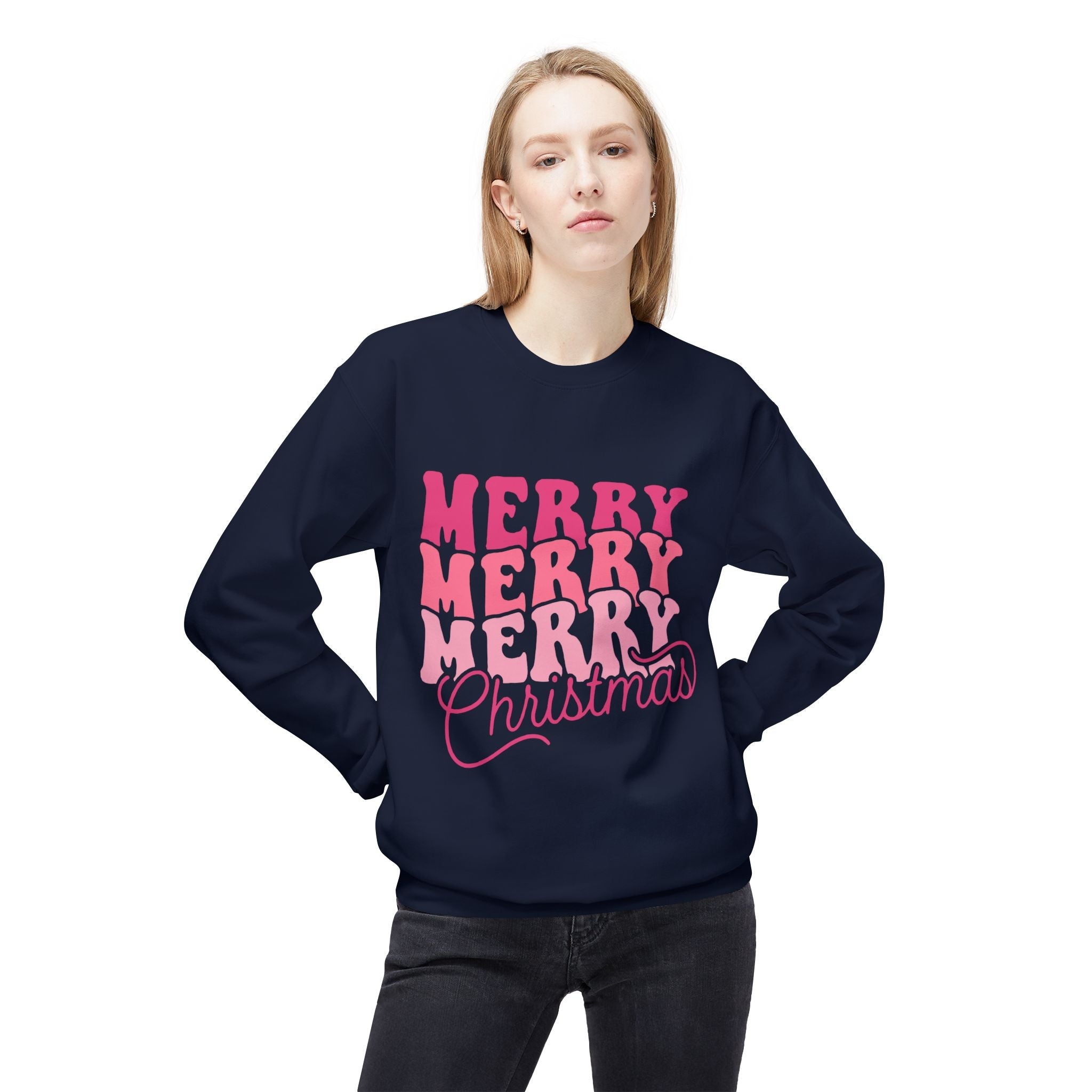 Merry Merry Christmas Crewneck Sweatshirt — Retro Pink Holiday PulloveSweatshirtMerry Merry Christmas
