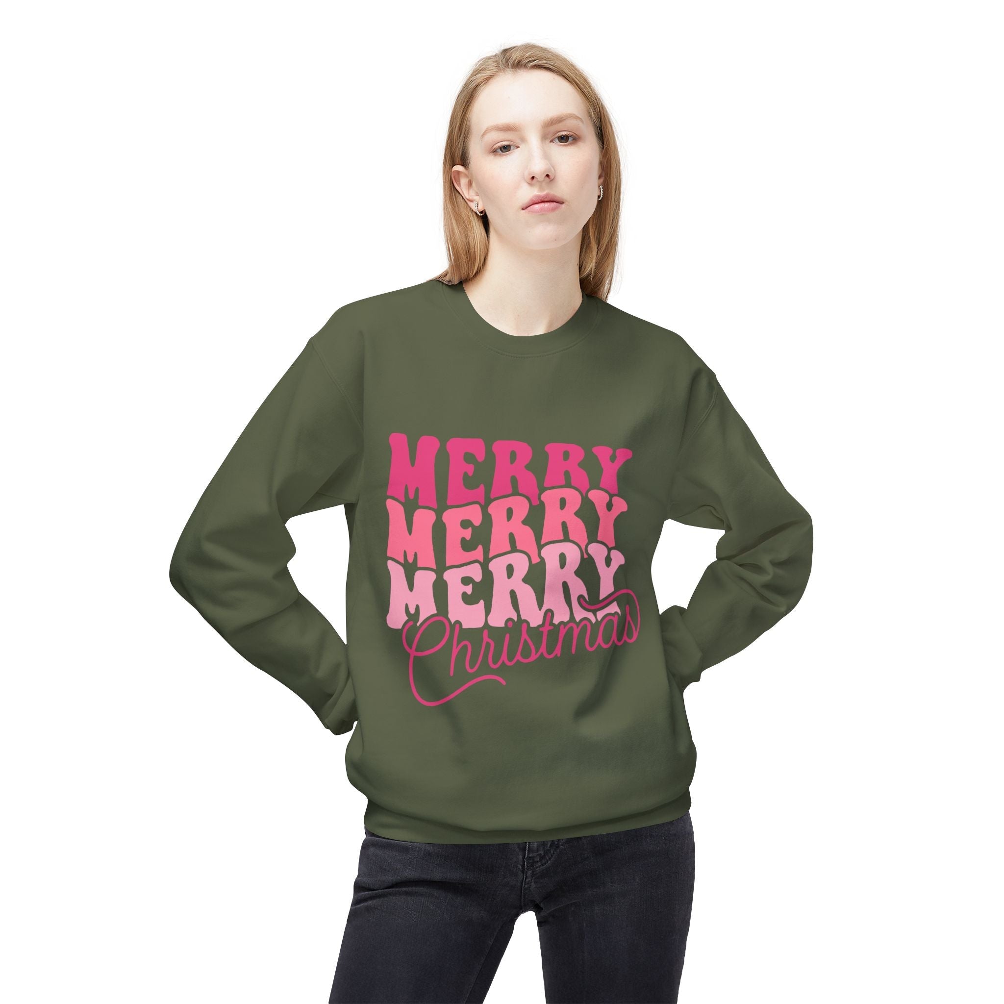Merry Merry Christmas Crewneck Sweatshirt — Retro Pink Holiday PulloveSweatshirtMerry Merry Christmas