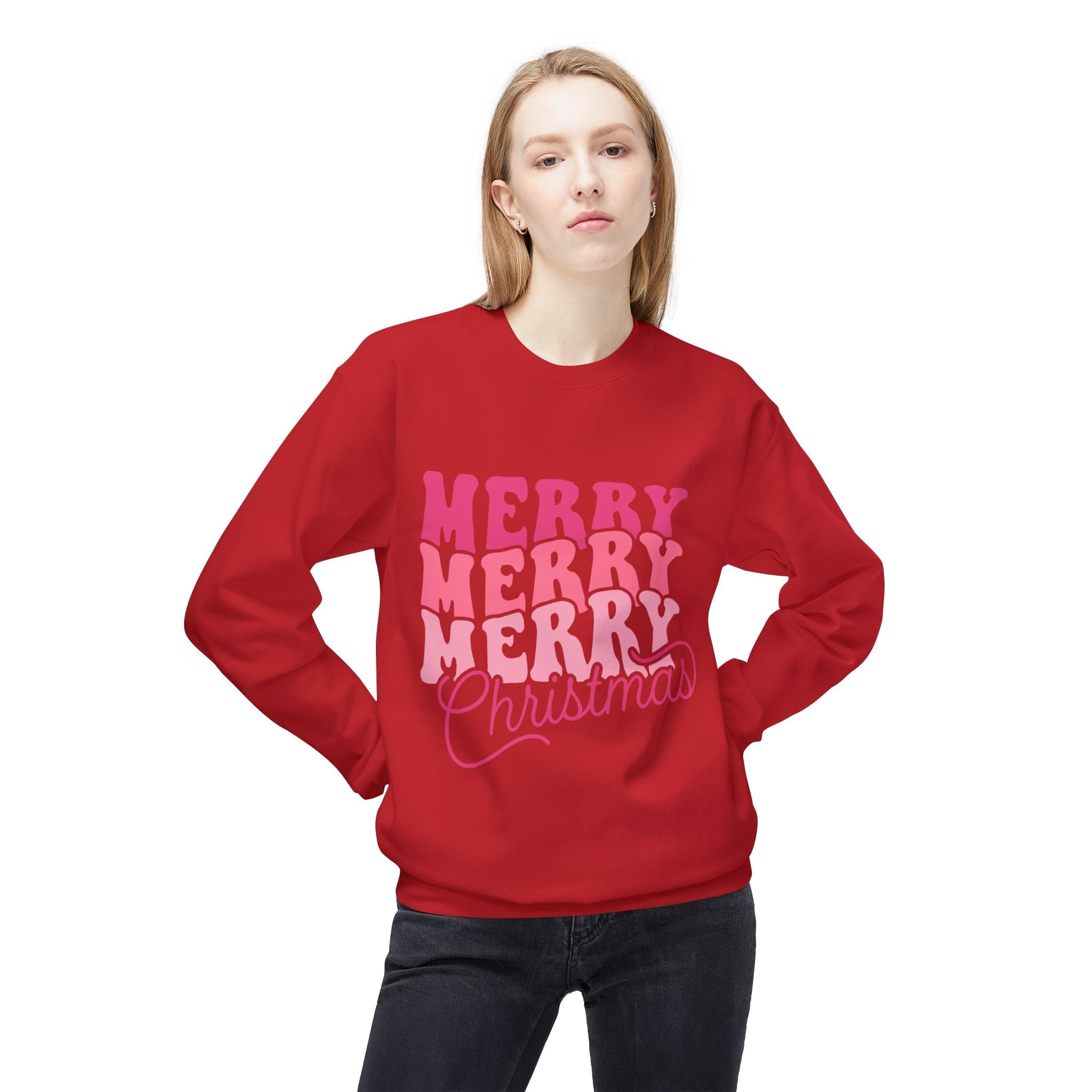 Merry Merry Christmas Crewneck Sweatshirt — Retro Pink Holiday PulloveSweatshirtMerry Merry Christmas