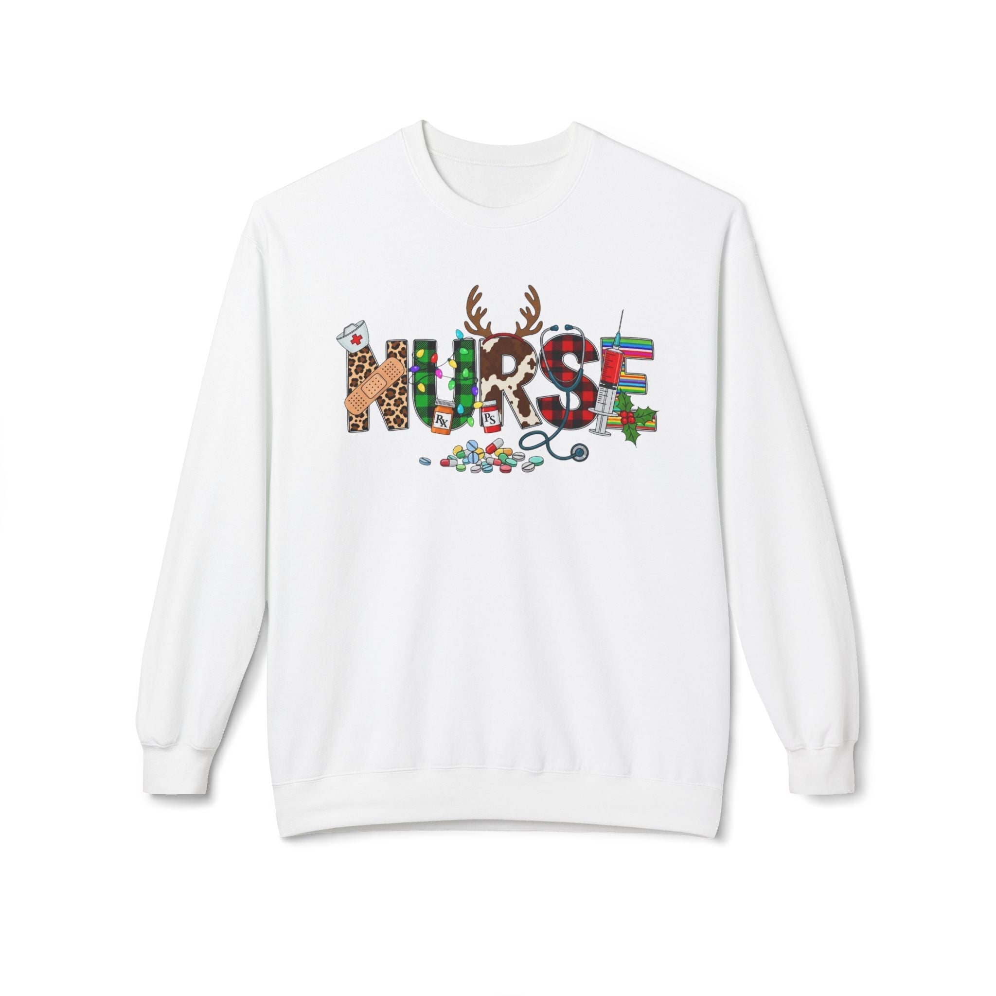 white Nurse Christmas Crewneck sweatshirt with festive medical-themed lettering and holiday decorations