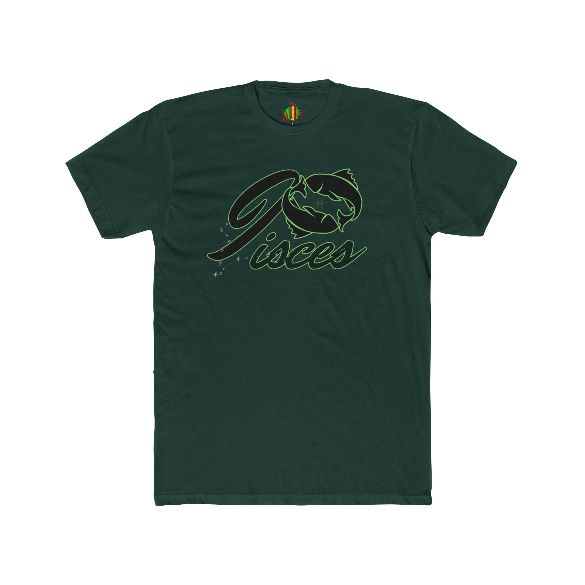 Pisces Zodiac Graphic Tee with fish script design on lightweight cotton crew neck shirt