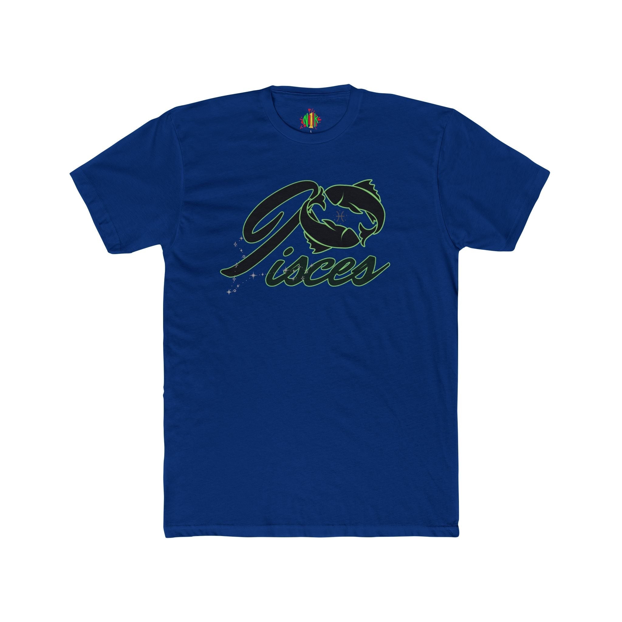 Pisces Zodiac graphic tee with fish script design on soft cotton crew neck shirt