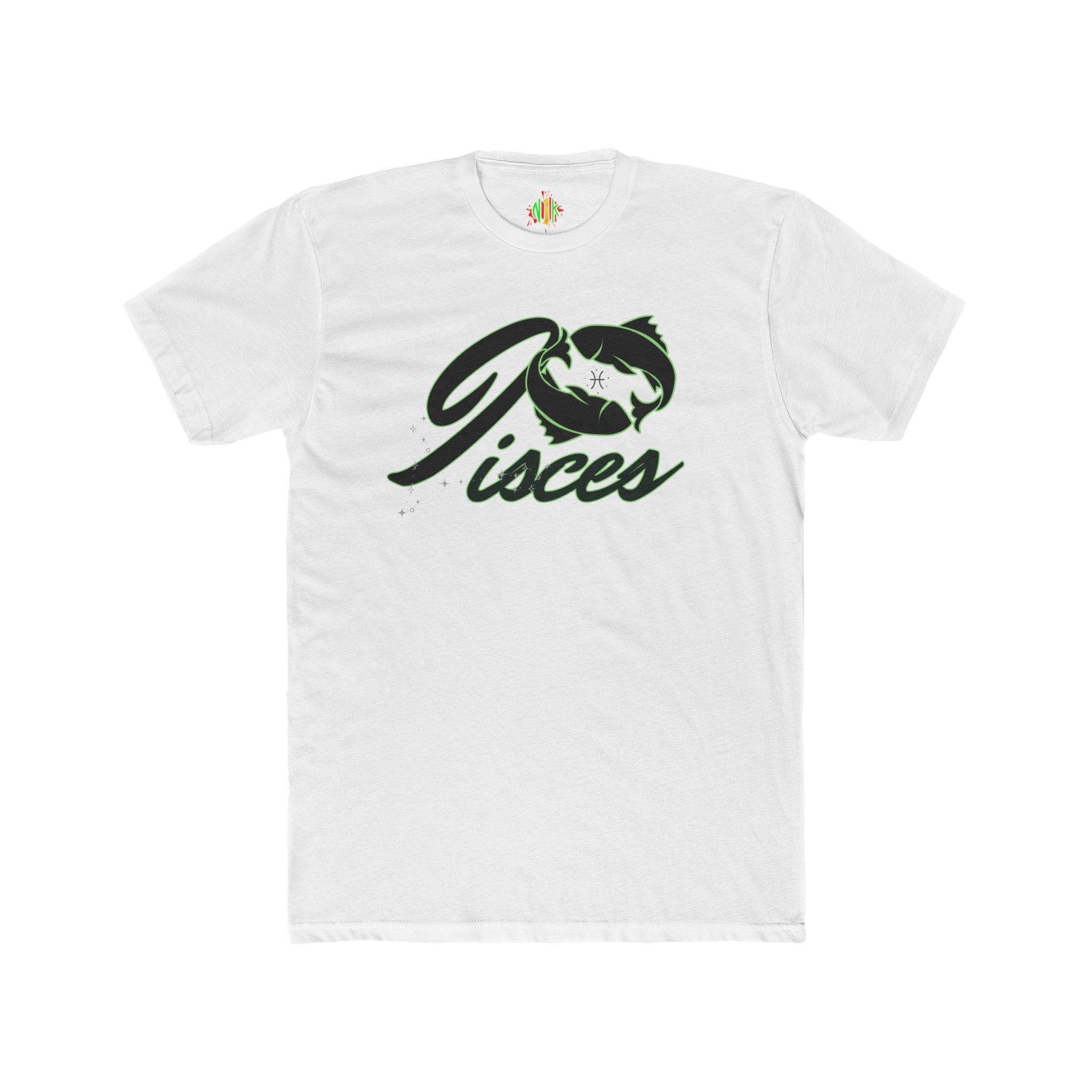 Pisces Zodiac Graphic Tee with vintage fish script design on lightweight cotton crew neck shirt
