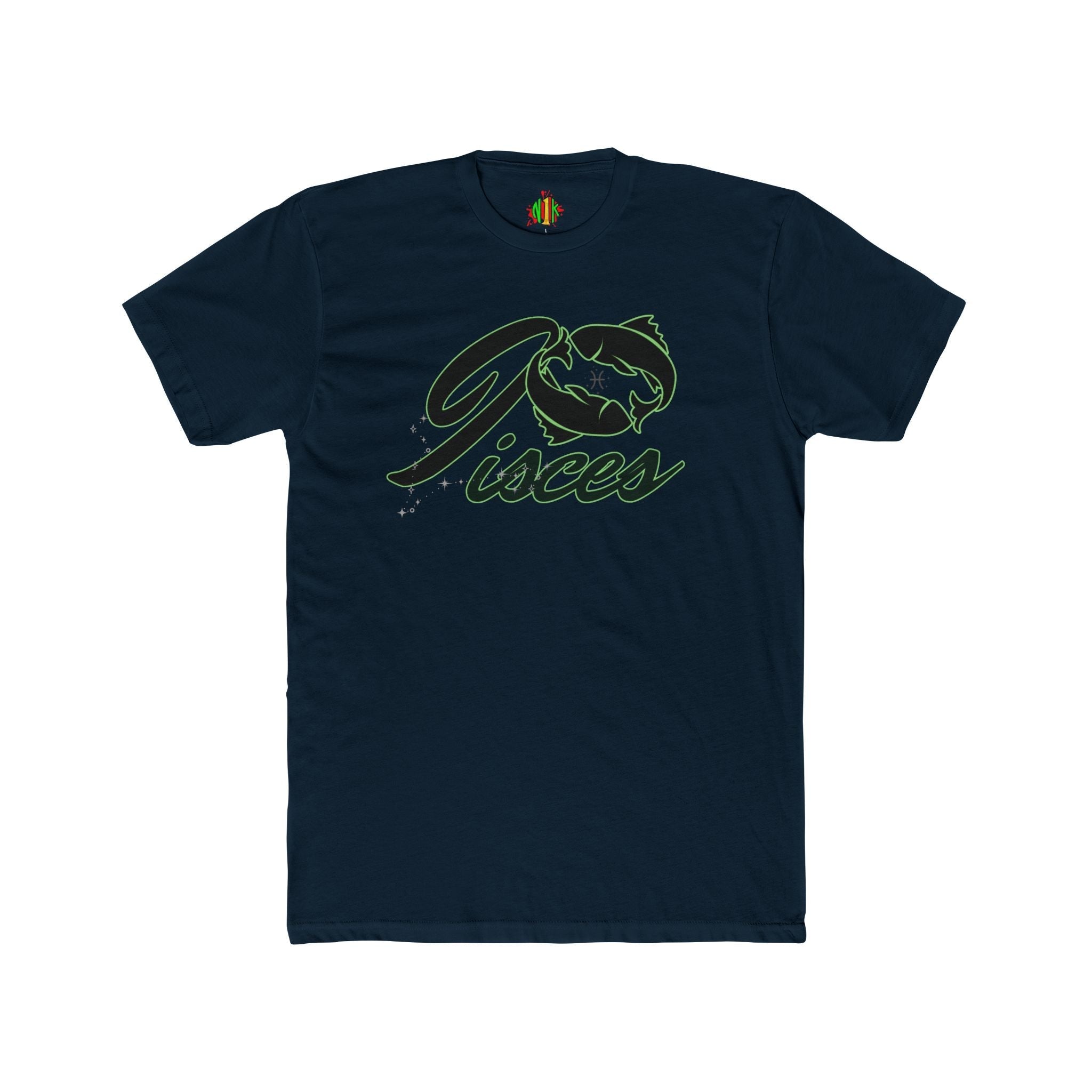 Pisces Zodiac graphic tee with fish script design on soft cotton crew neck shirt