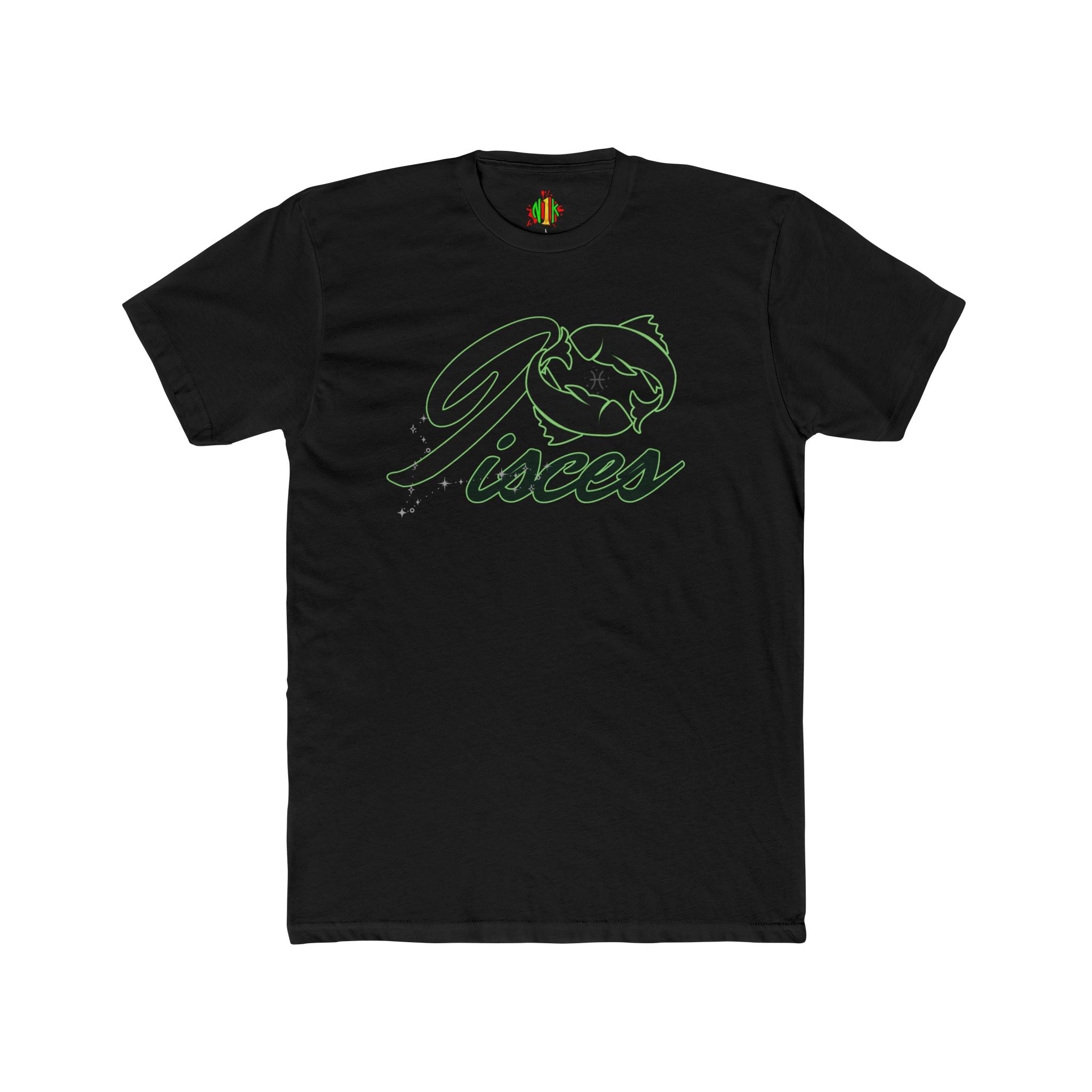 Pisces Zodiac Graphic Tee with fish script design on soft cotton crew neck shirt