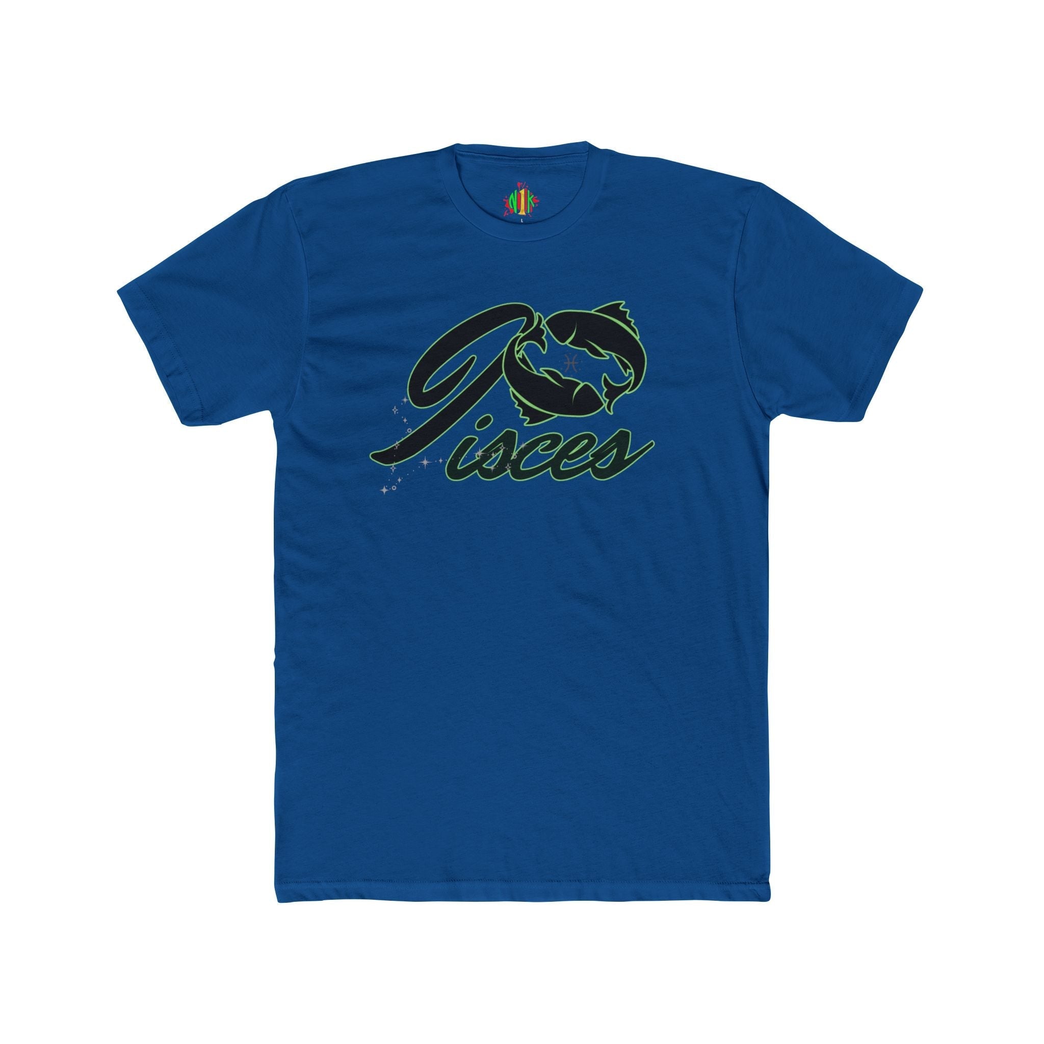 Pisces Zodiac graphic tee with fish script design on soft cotton crewneck shirt