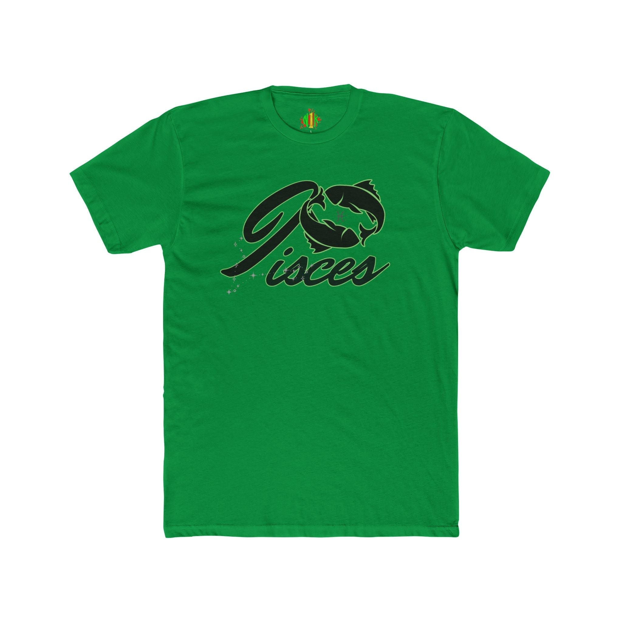 Pisces Zodiac Graphic Tee with fish script design on soft cotton crew neck shirt