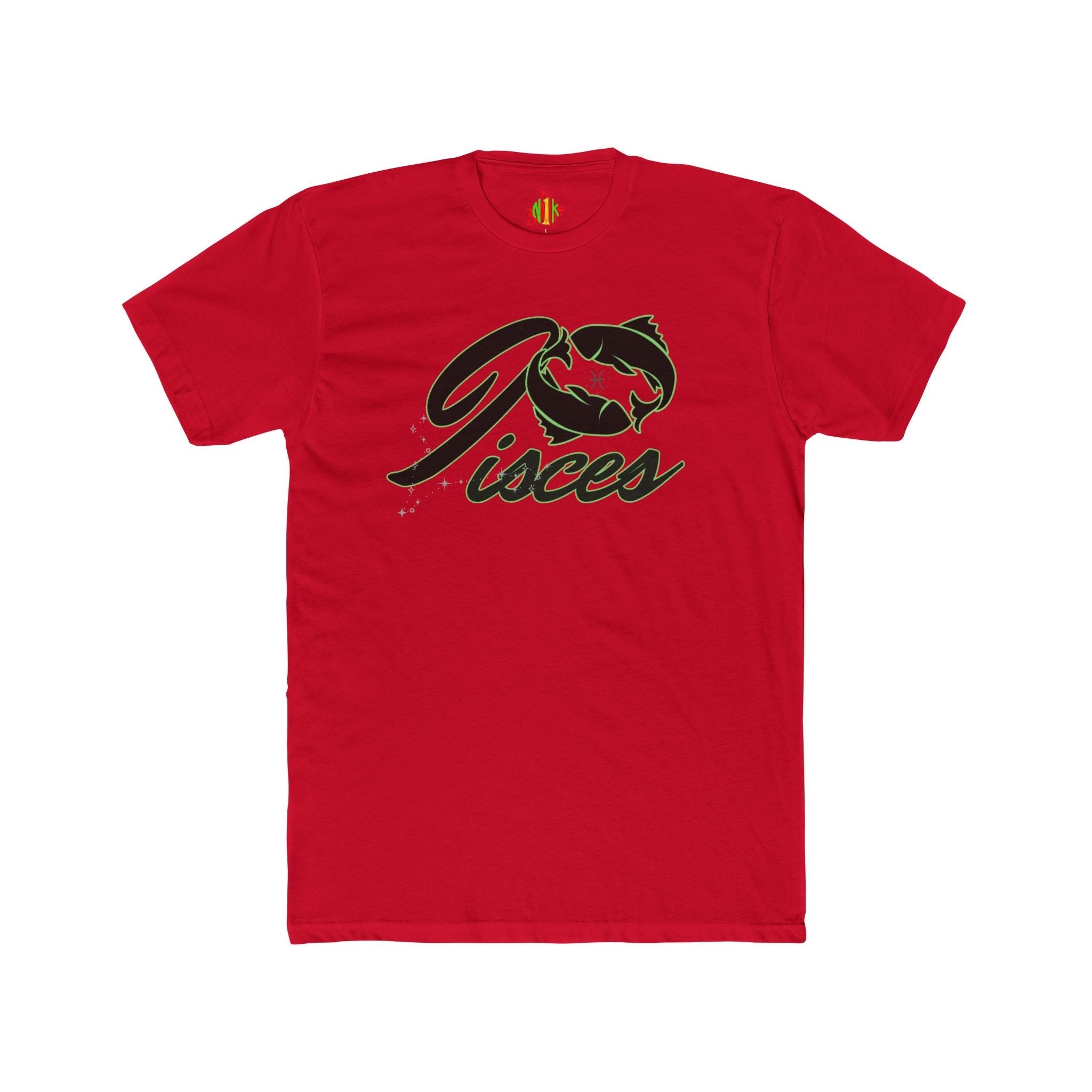Pisces Zodiac graphic tee with fish script design on lightweight cotton crew neck shirt