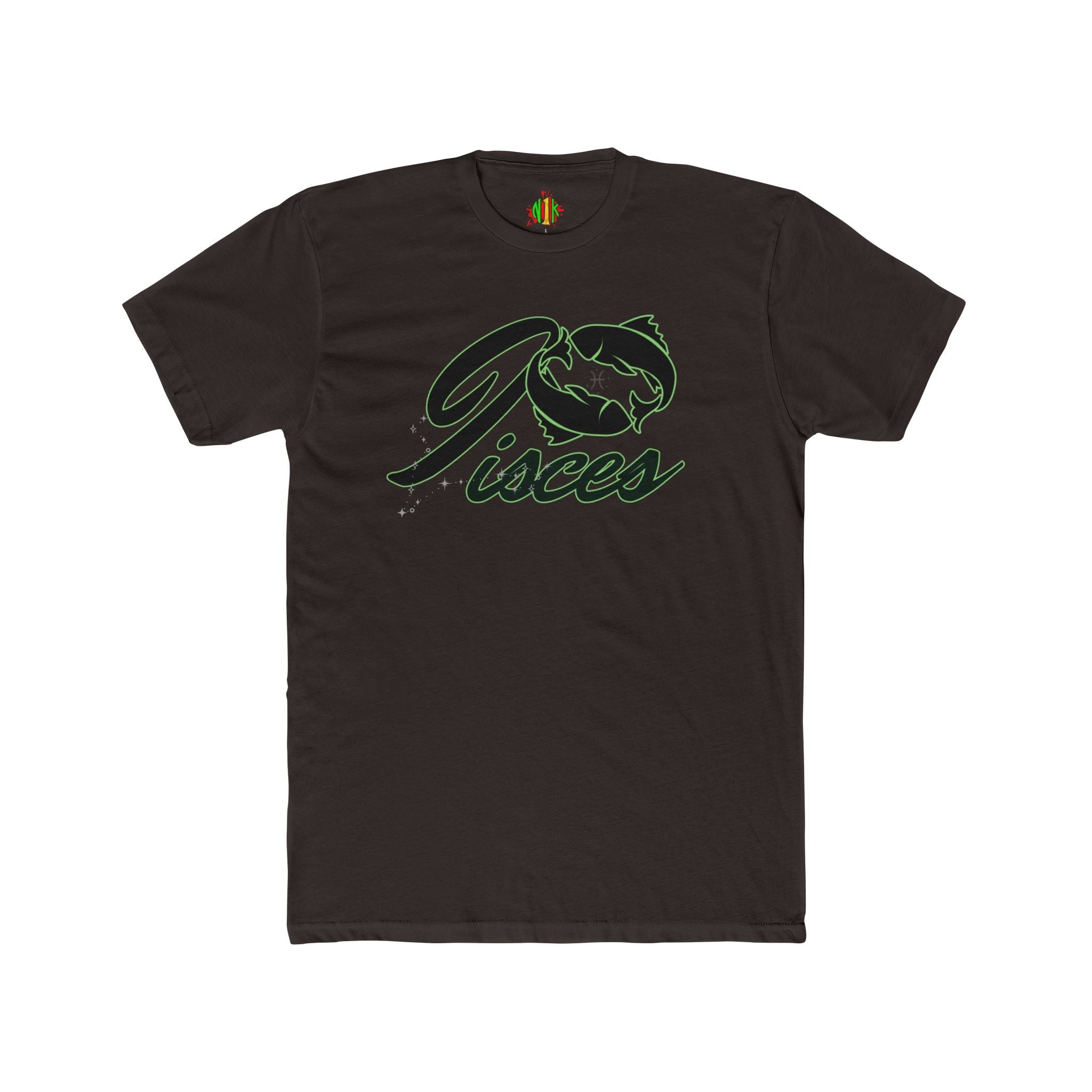 Pisces Zodiac Graphic Tee with fish script design on soft cotton crew neck shirt