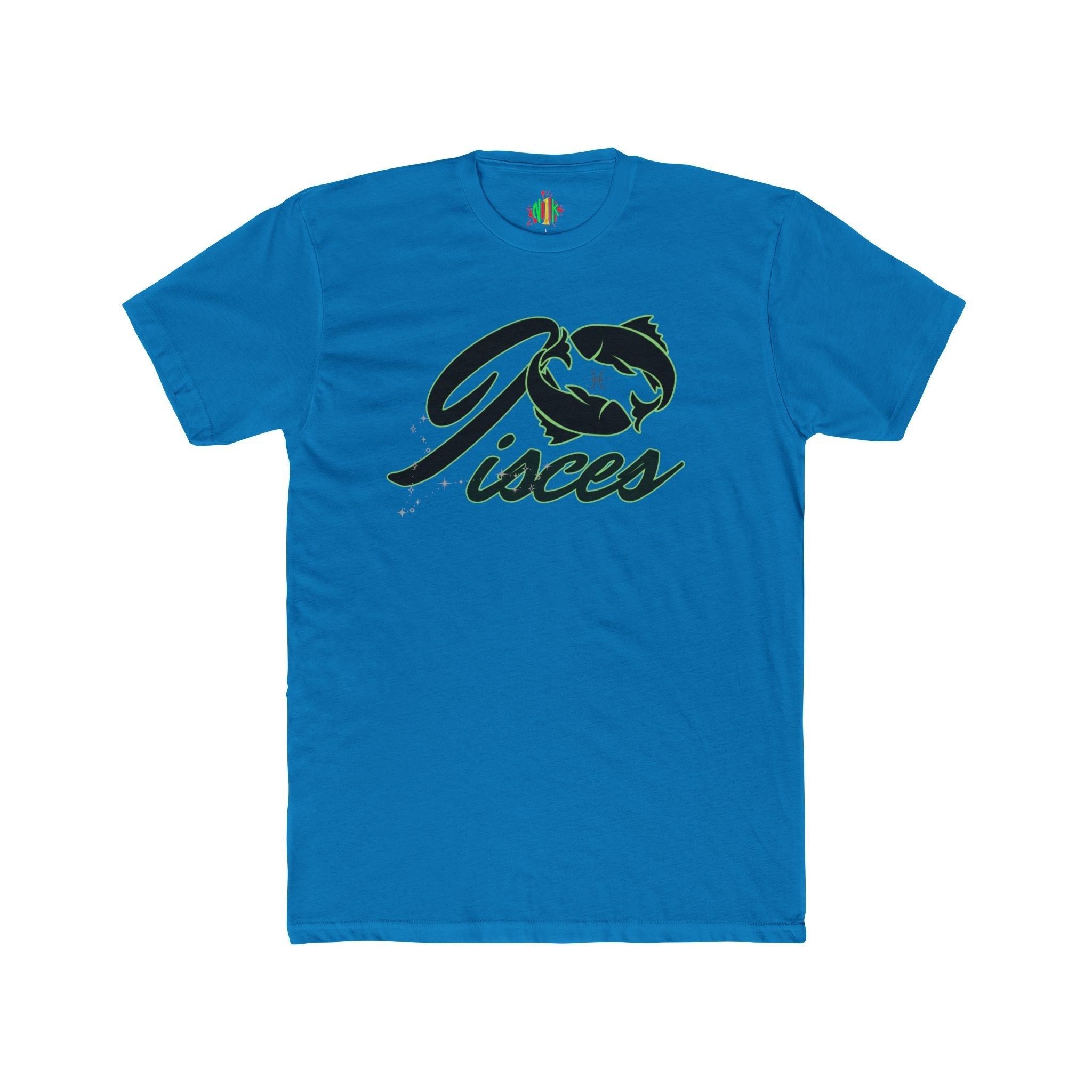 Pisces Zodiac Graphic Tee with fish script design on lightweight cotton crew neck shirt
